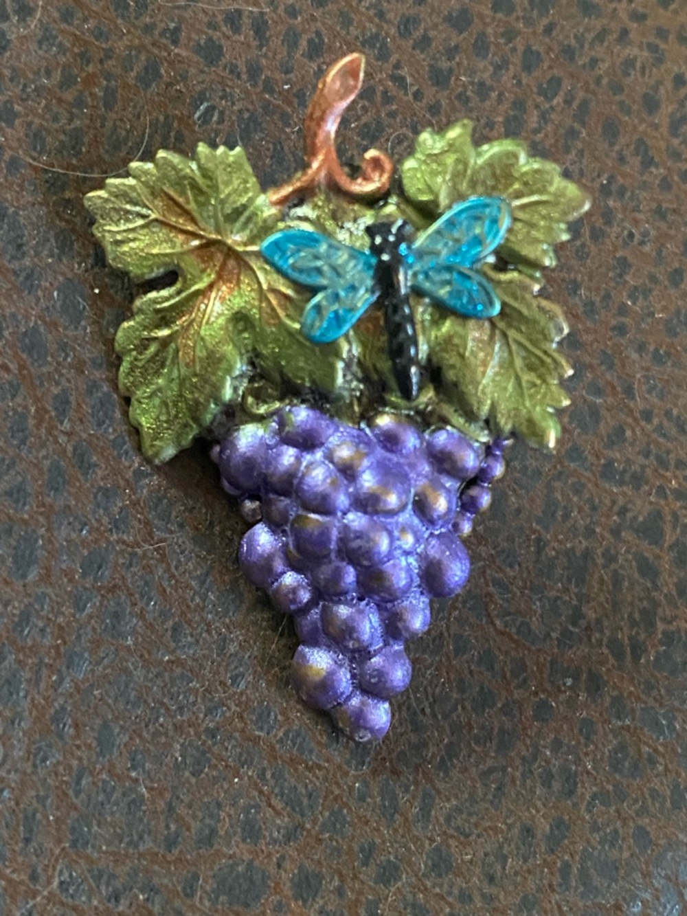 Enamel Grape Cluster Brooch with Blue Dragonfly